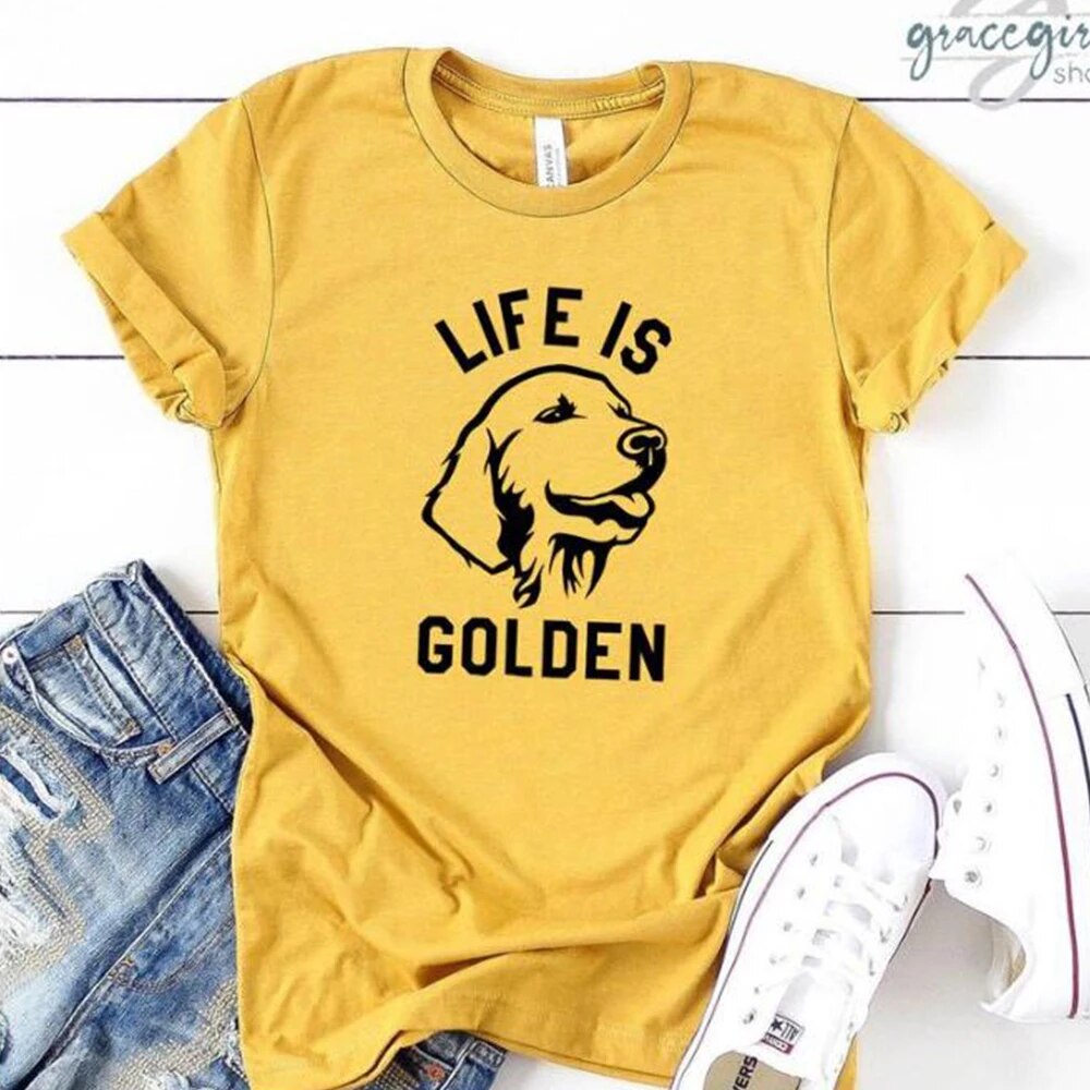 yellow t-shirt, black outline of a golden Labrador head, words say life is golden