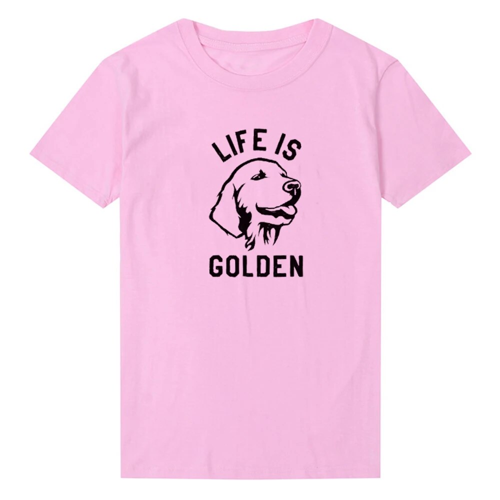 pink t-shirt, black outline of a golden Labrador head, words say life is golden