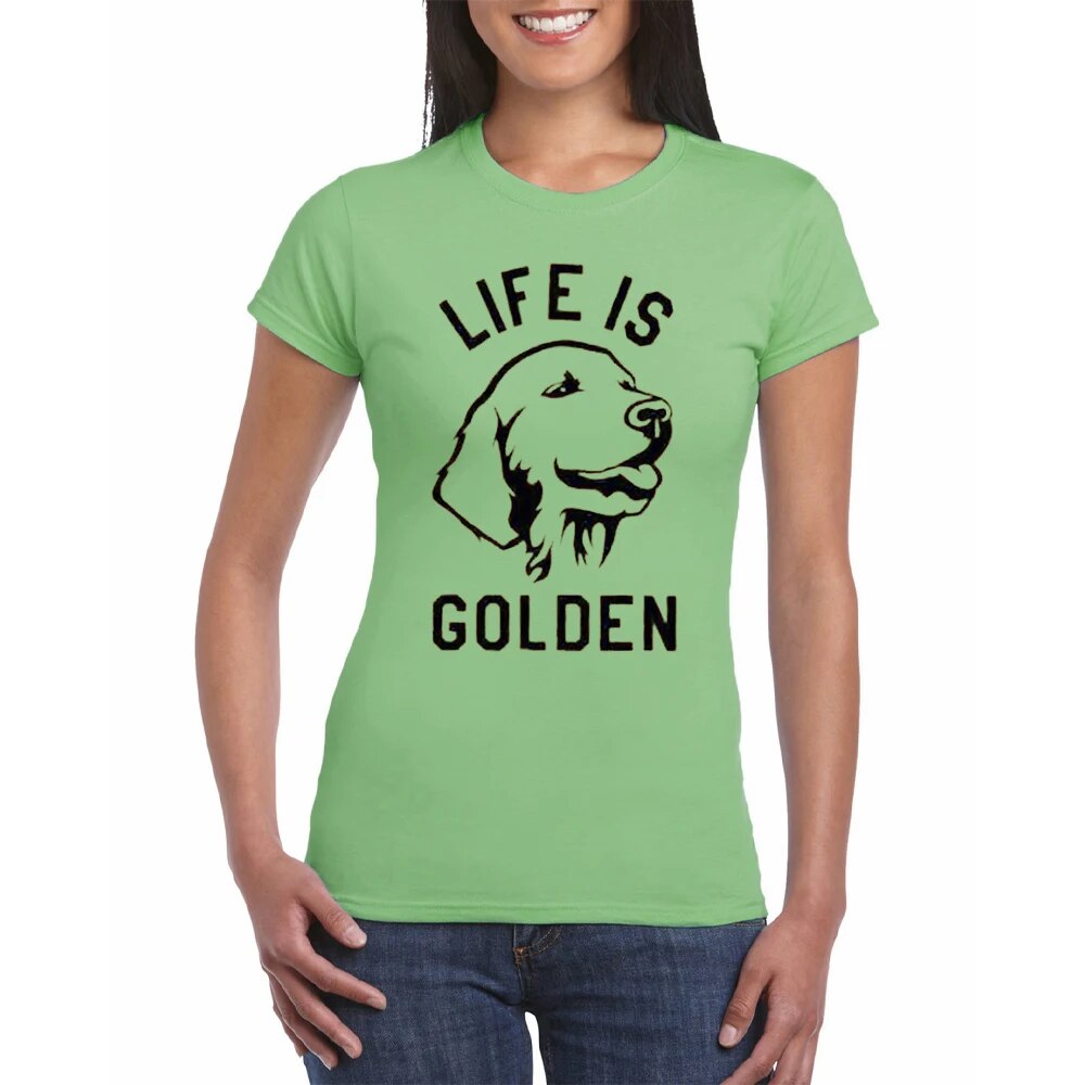 green t-shirt, black outline of a golden Labrador head, words say life is golden