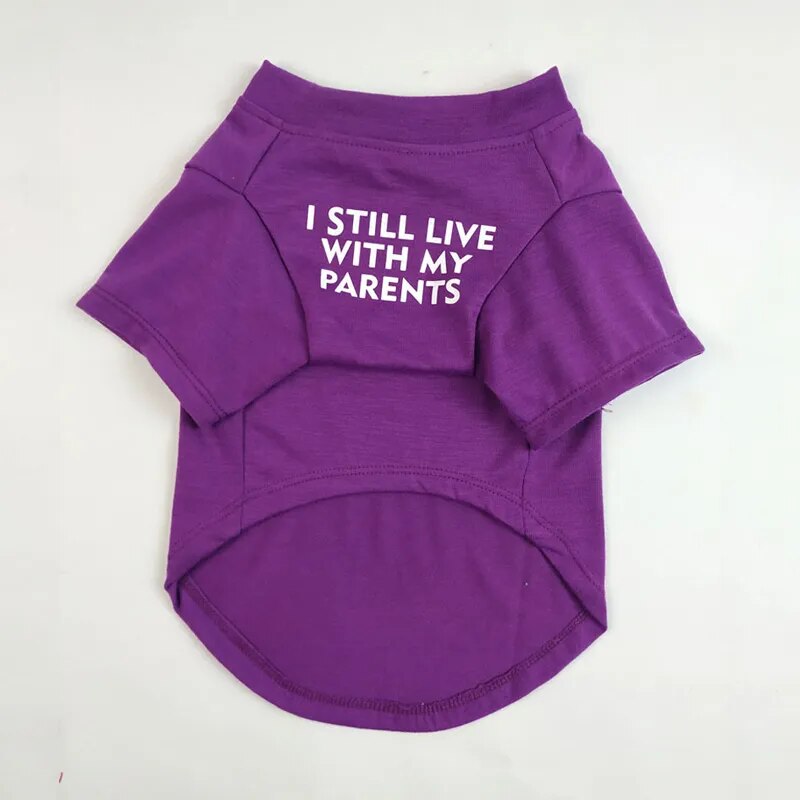 purple pullover T-shirt for your pet, words say, I still live with my parents