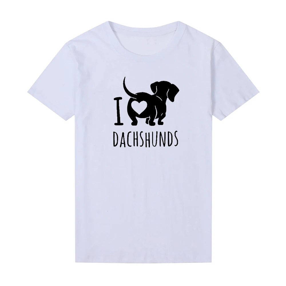 white t-shirt with a white silhouette of a dachshund with the words I heart Dachshunds (picture of heart on the back end of dachshund)