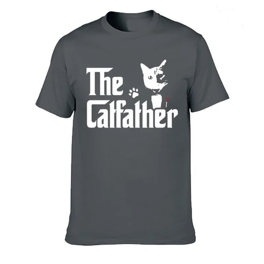 grey t-shirt with the words, (silhouette of a cat) the catfather 