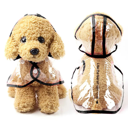 clear with black trim plastic raincoat for dogs, you will need to put a harness on your dog since the raincoat does not have a hook for a leash.