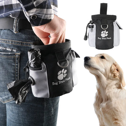 dog treat pouch, black and grey, sits on your belt. holds treats and poop bags 