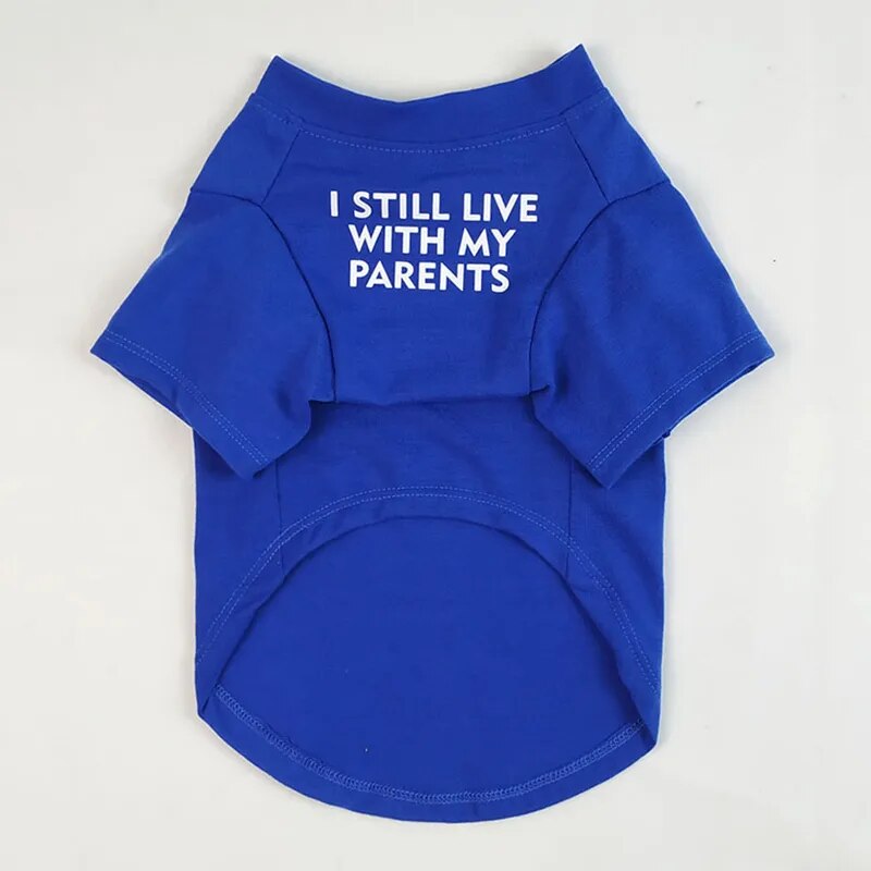 Blue pullover T-shirt for your pet, words say, I still live with my parents