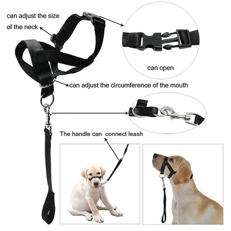 head collar training leash, adjustable neck strap, easy clip to open, adjustable strap for the circumference of the mouth, handle can connect to the leash 