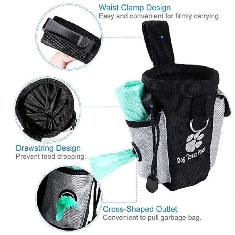 dog treat pouch, clamp to hook on your belt, drawstring design, pocket for the bags with an outlet to pull the bag out