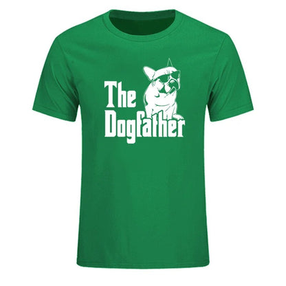 green t-shirt with the words, (silhouette of a dog) the dogfather