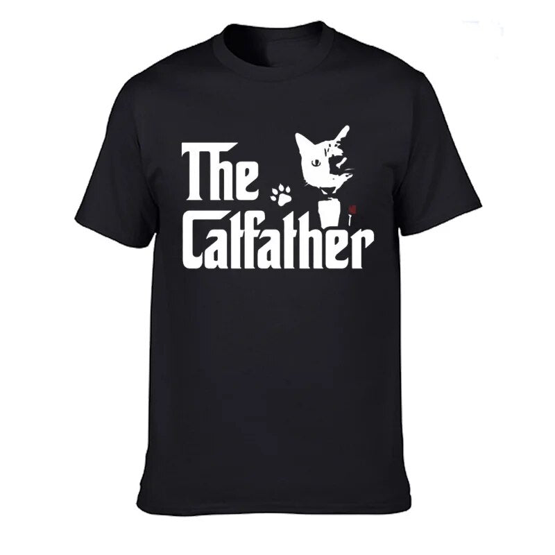 black t-shirt with the words, (silhouette of a cat) the catfather
