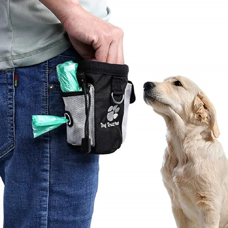 dog treat pouch, black and grey, sits on your belt. holds treats and poop bags