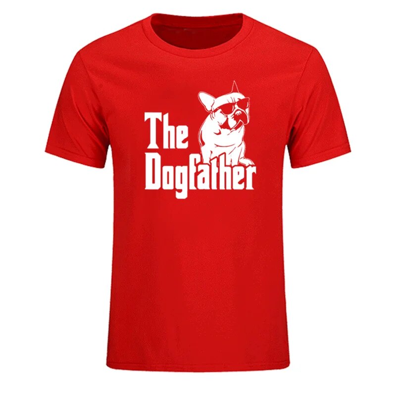red t-shirt with the words, (silhouette of a dog) the dogfather