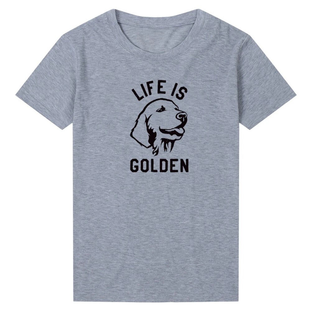 grey t-shirt, black outline of a golden Labrador head, words say life is golden