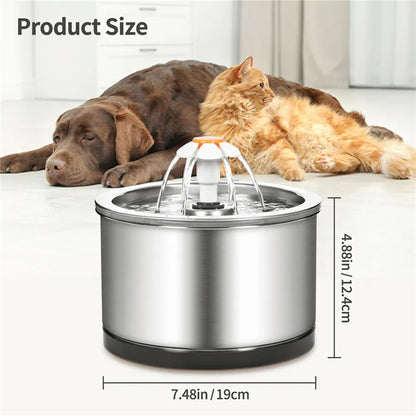 dog and cat laying beside the pet water fountain, the size of the water fountain is (19cm / 7.48in width, 12.4cm / 4.88in length),  
