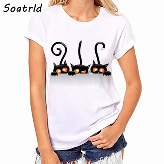ladies white t-shirt, picture is three black cats peaking