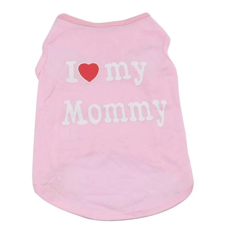 pink cat vest words printed on the back, I (picture of a heart) Mommy