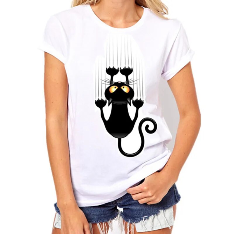 women's white t-shirt, black cat scratch feline