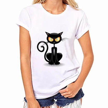 women's white t-shirt, black cat do I looked chilled
