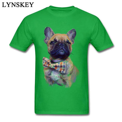 bright green short sleeve t-shirt, picture of a French bulldog in a polka dot bow tie