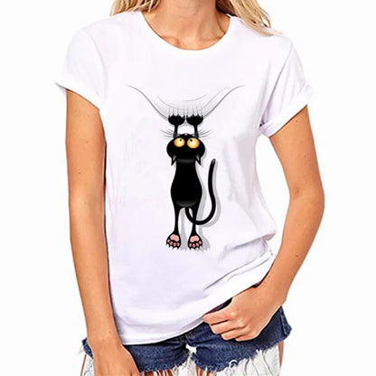 womens white t-shit, with black cat hang in there