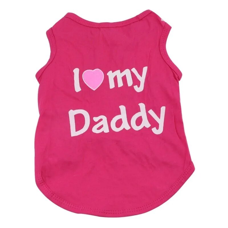 bright pink cat vest words printed on the back, I (picture of a heart) Daddy