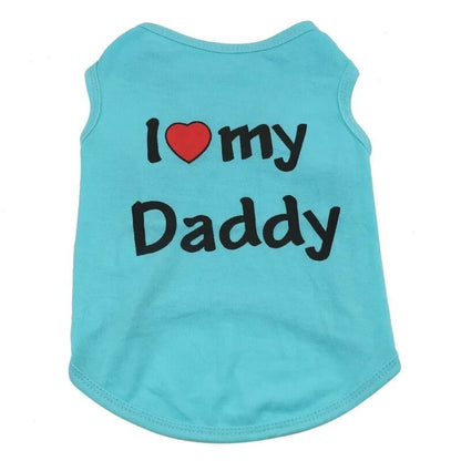 blue cat vest words printed on the back, I (picture of a heart) Daddy