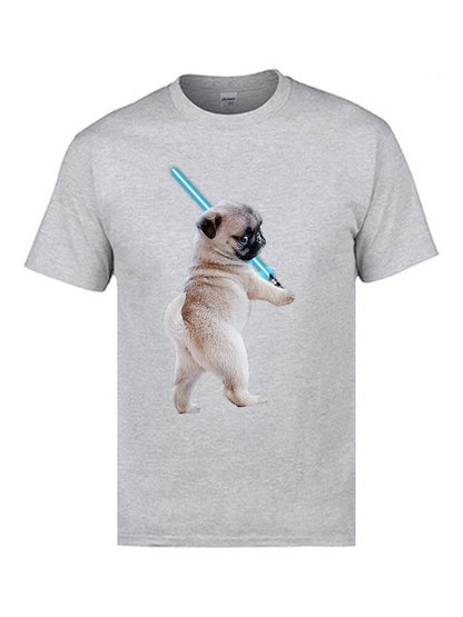 grey t-shirt with a white pug holding a light saber