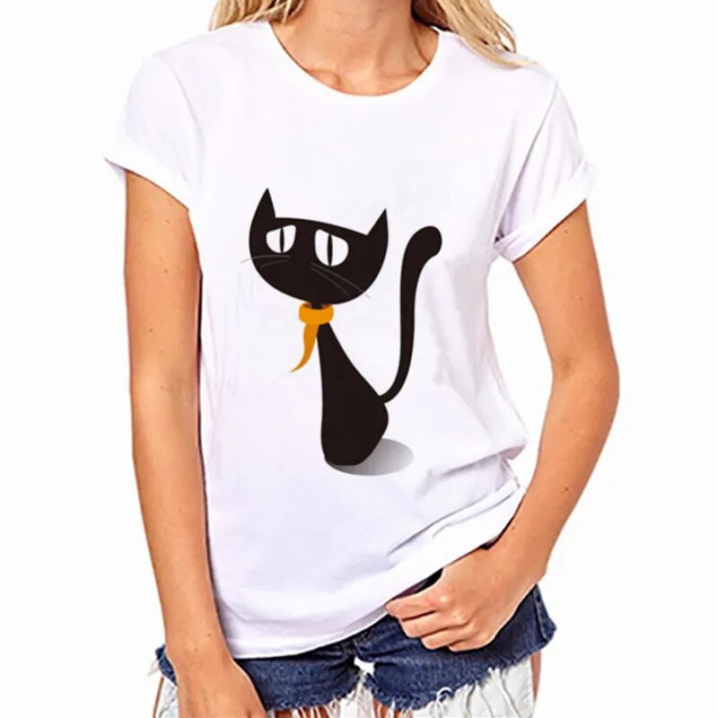 women's white t-shirt, black cat kitty eyes