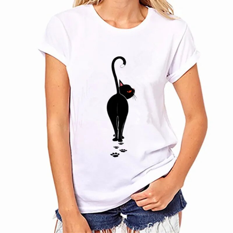women's white t-shirt, black cat with attitude