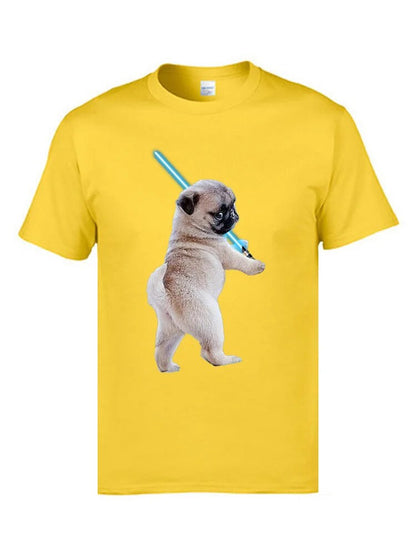 yellow t-shirt with a white pug holding a light saber