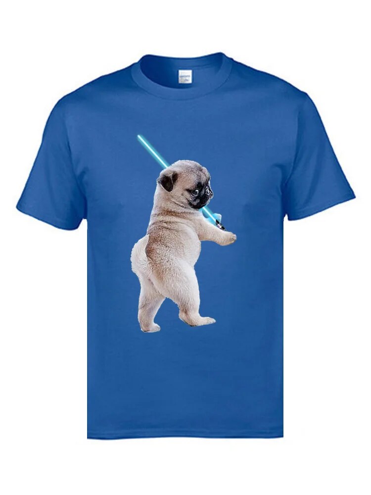 blue t-shirt with a white pug holding a light saber