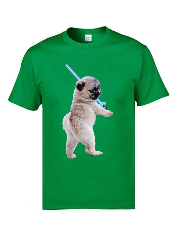 green t-shirt with a white pug holding a light saber