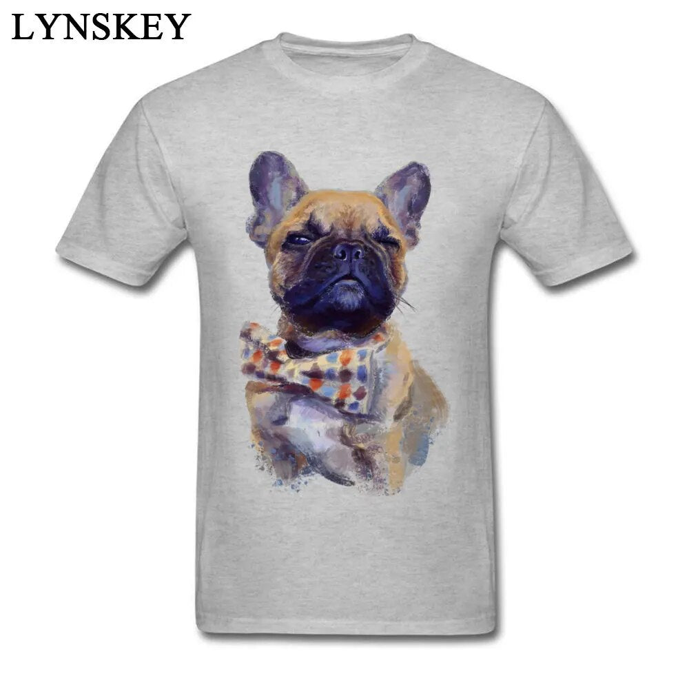 grey short sleeve t-shirt, picture of a French bulldog in a polka dot bow tie