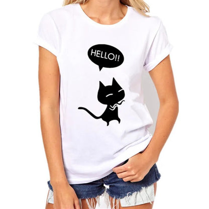 women's white t-shirt, black cat chill with me