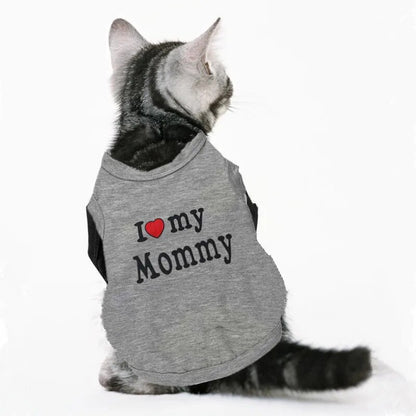 grey cat vest words printed on the back, I (picture of a heart) Mommy