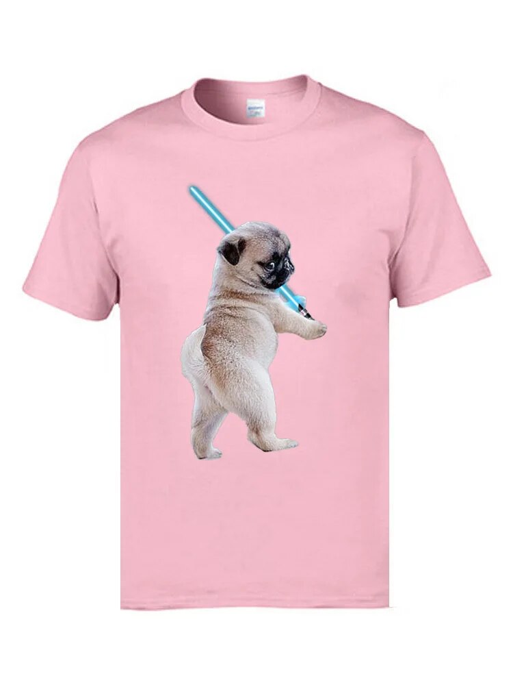 pink t-shirt with a white pug holding a light saber