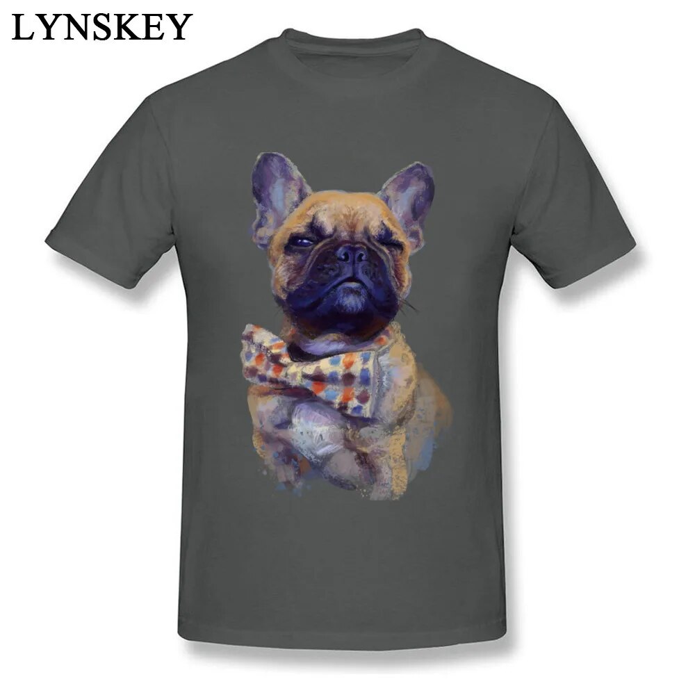 green short sleeve t-shirt, picture of a French bulldog in a polka dot bow tie
