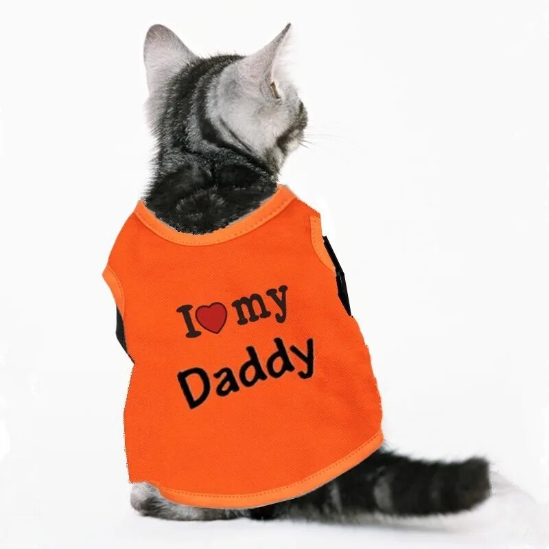 orange cat vest words printed on the back, I (picture of a heart) Daddy