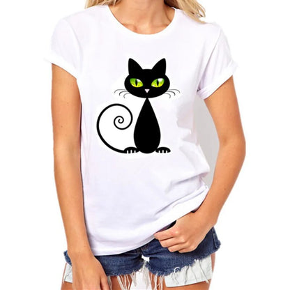 women's white t-shirt, black cat green eyes
