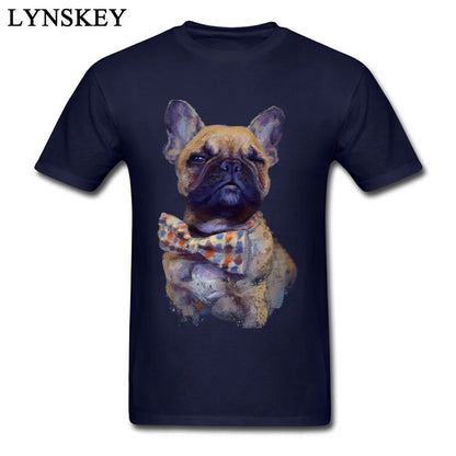 navy blue short sleeve t-shirt, picture of a French bulldog in a polka dot bow tie