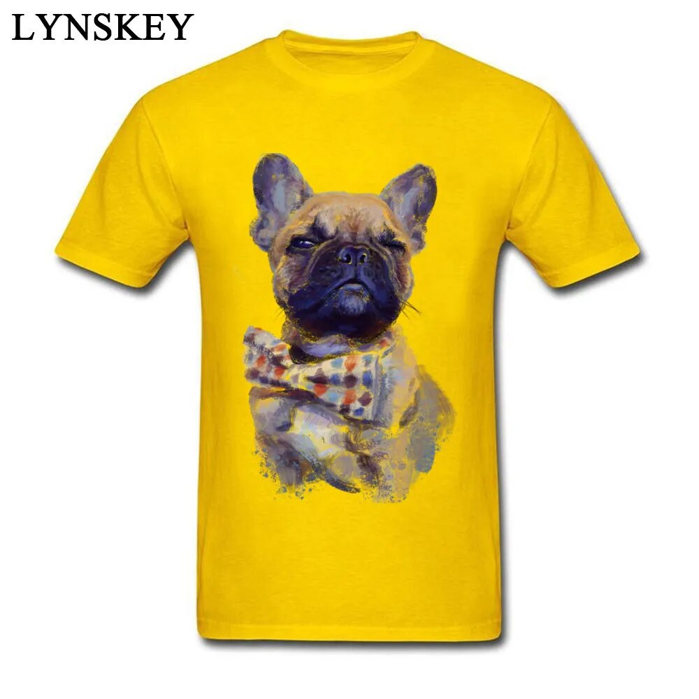 yellow short sleeve t-shirt, picture of a French bulldog in a polka dot bow tie