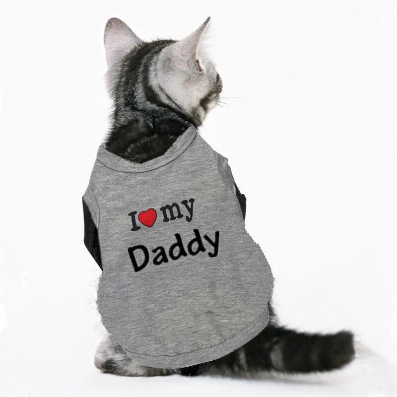 grey cat vest words printed on the back, I (picture of a heart) Daddy