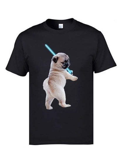 black t-shirt with a white pug holding a light saber
