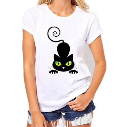 women's white t-shirt, black cat eye see you