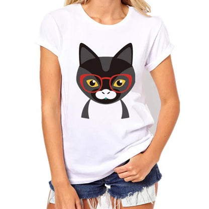women's white t-shirt, black cat seriously chill