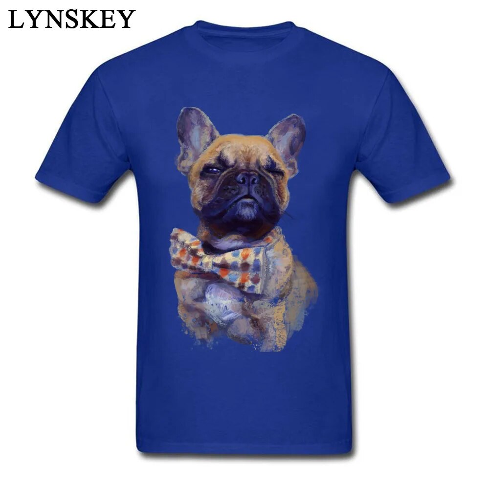 blue short sleeve t-shirt, picture of a French bulldog in a polka dot bow tie