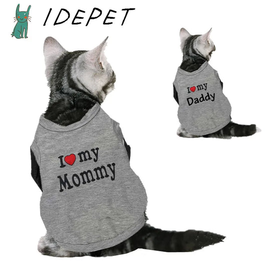 cotton cat vest, grey with the words printed on the back, I ( picture of a heart) Mommy and I (picture of a heart) Daddy