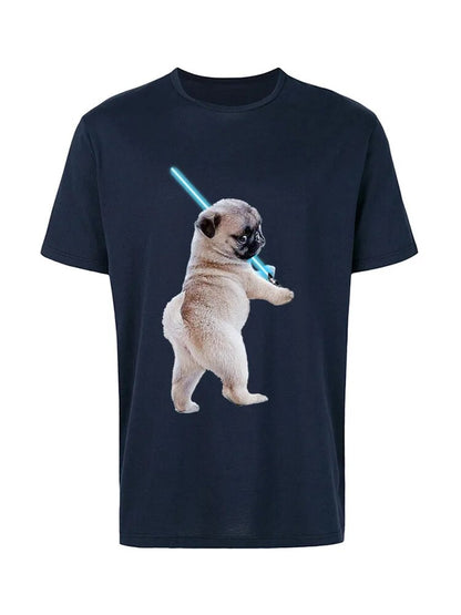 navy blue t-shirt with a white pug holding a light saber