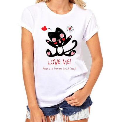 women's white t-shirt, black cat love me