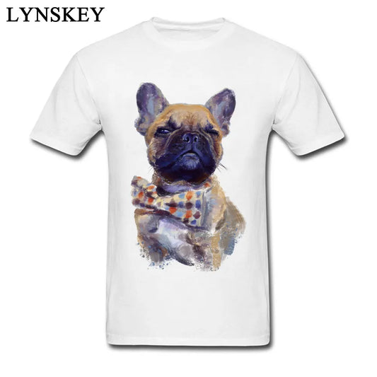 white short sleeve t-shirt, picture of a  French bulldog in a polka dot bow tie