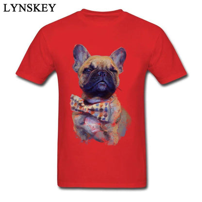 red short sleeve t-shirt, picture of a French bulldog in a polka dot bow tie